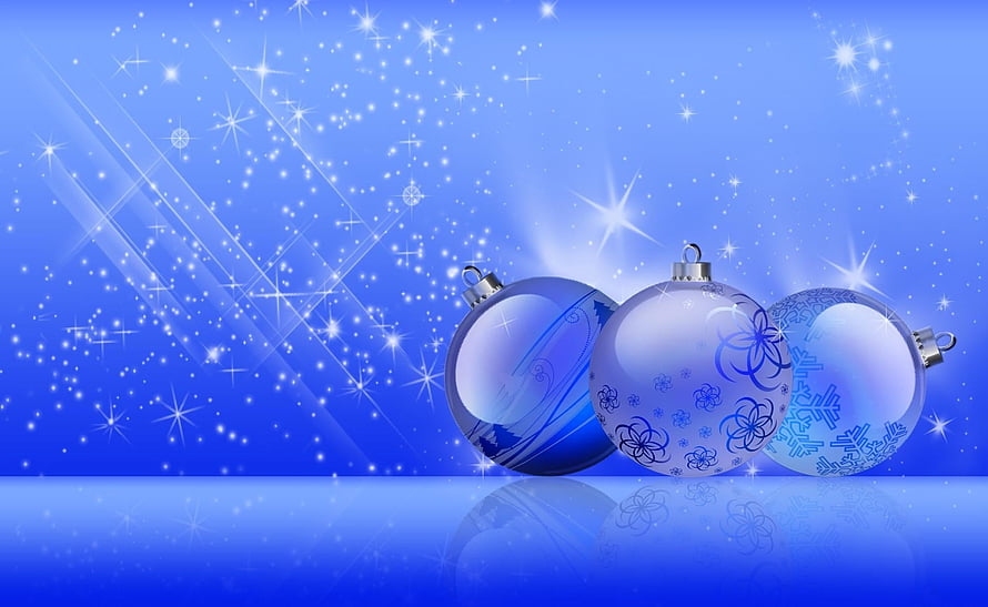 Festive Blue Christmas Ornaments with Snowflakes and Sparkling Starry Background HD wallpaper