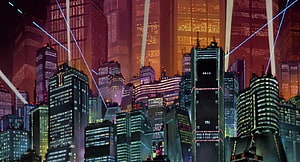 Akira City Night Skyline with Neon Lasers and Futuristic Skyscrapers HD wallpaper