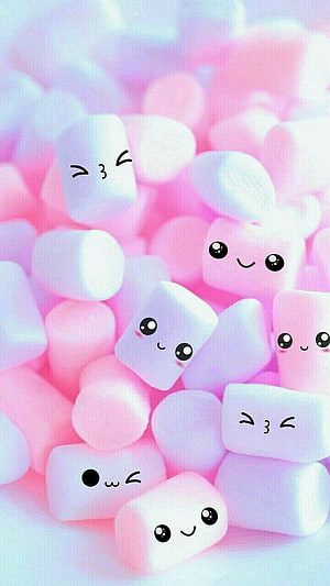 Cute Kawaii Marshmallow Characters with Pastel Pink and White Aesthetic HD phone wallpaper