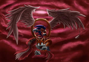 Sonic.exe and Tails in a Dark Winged Nightmare Scene HD wallpaper
