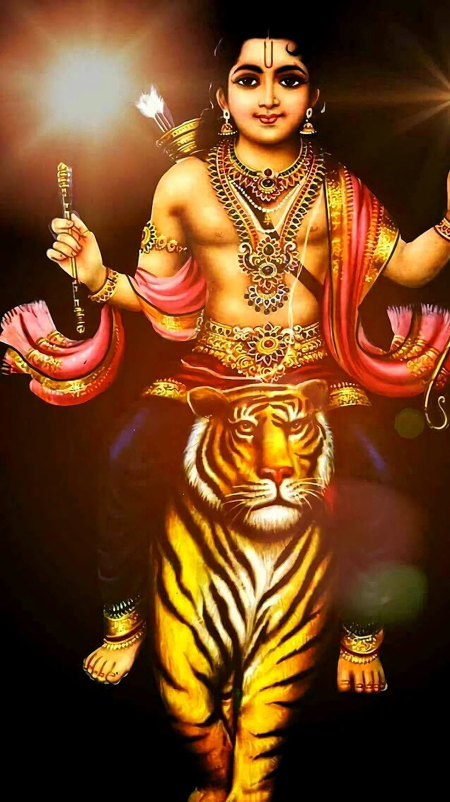 Ayyappa Riding Tiger with Traditional Jewelry and Sacred Sling HD phone wallpaper