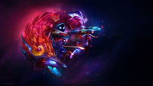 Vibrant Fantasy Dragon Head with Neon Glow and Cosmic Background HD wallpaper