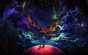 Man and Dog Standing on a Glowing Planet Under a Vibrant Cosmic Nebula Sky HD wallpaper