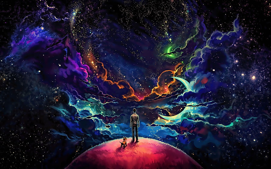 Man and Dog Standing on a Glowing Planet Under a Vibrant Cosmic Nebula Sky HD wallpaper