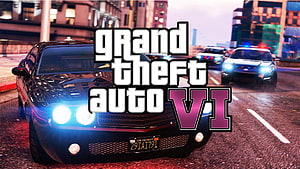 Grand Theft Auto VI Black Muscle Car Pursued by Police in Urban Cityscape HD wallpaper