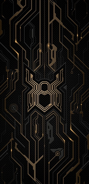 Spider-Man Black and Gold Circuit Board Pattern with Glowing Tech Lines, Spiderman, black and gold suit, gold suit, Green Goblin, black, Peter Parker, Spiderman no why home, Doctor strange, Ned, Zendaya, gold, Matt Murdock, spiderman logo, Tom Holland, Doc octopus, Electro, MJ, spider, NWH HD phone wallpaper
