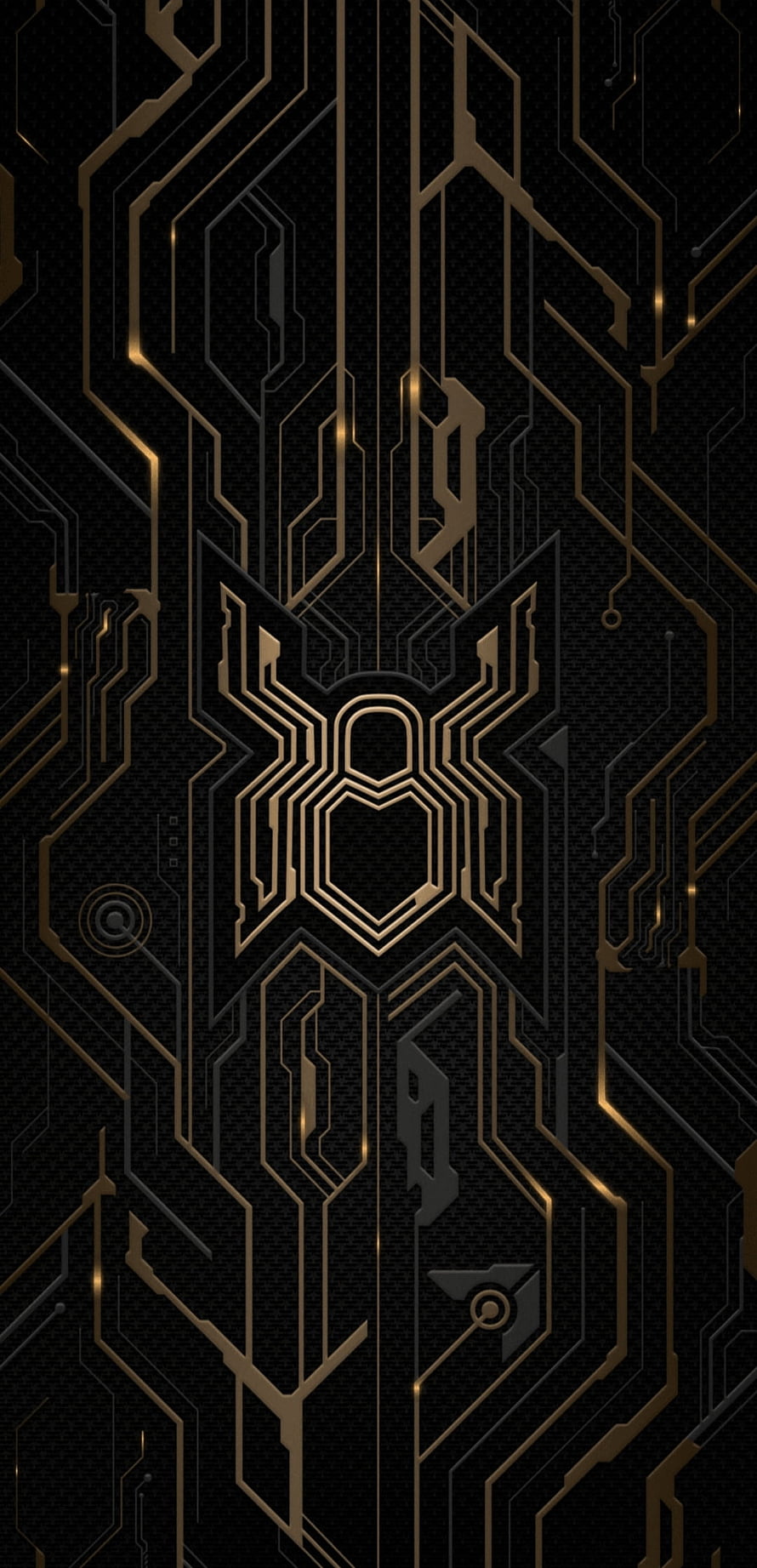 Spider-Man Black and Gold Circuit Board Pattern with Glowing Tech Lines HD phone wallpaper