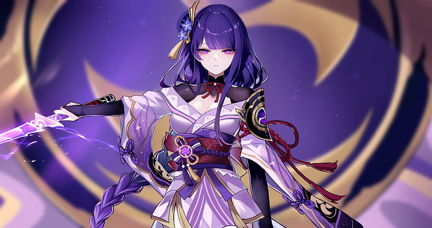 Raiden Shogun from Genshin Impact in a dynamic purple and gold anime illustration HD wallpaper