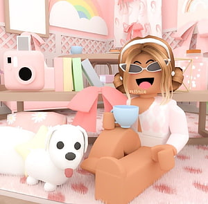 Roblox Summer Girl in Preppy Pink Room with White Dog and Instant Camera HD wallpaper