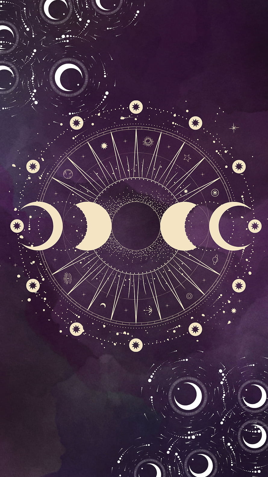 Mystical Moon Phase Wheel with Celestial Symbols and Purple Watercolor Background HD phone wallpaper
