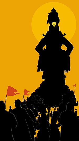 Silhouette of Vitthal deity on a dindi float with Varkari devotees and red flags against a golden sun HD phone wallpaper