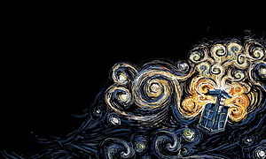 Doctor Who TARDIS in Van Gogh Starry Night Style with Swirling Impressionist Sky HD wallpaper