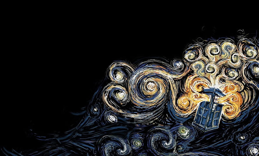 Doctor Who TARDIS in Van Gogh Starry Night Style with Swirling Impressionist Sky HD wallpaper