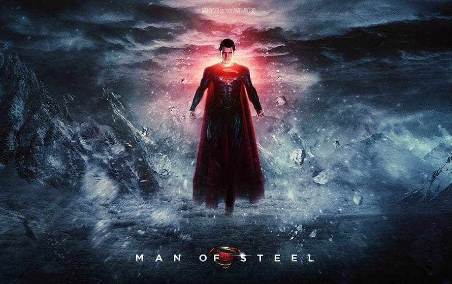 Superman Man of Steel Movie Poster with Dramatic Red Glow and Shattered Ice Landscape HD wallpaper