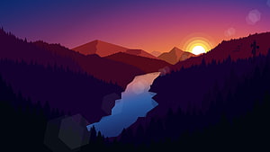 Minimalist Digital Art of a Winding River Through Forested Mountains at Sunset HD wallpaper
