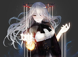 Elegant White-Haired Anime Woman Wearing a Dark Crown and Gothic Dress HD wallpaper