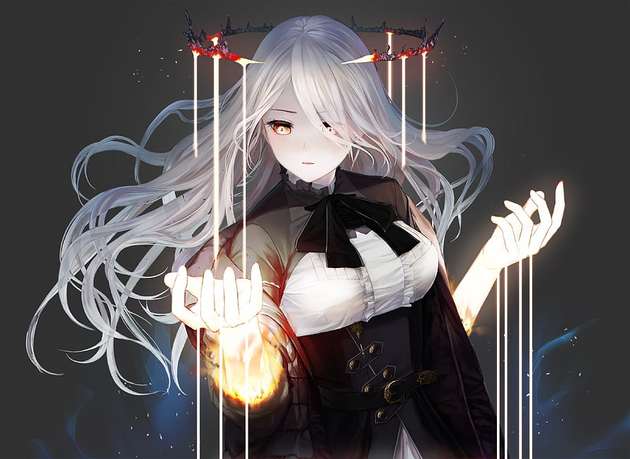 Elegant White-Haired Anime Woman Wearing a Dark Crown and Gothic Dress HD wallpaper