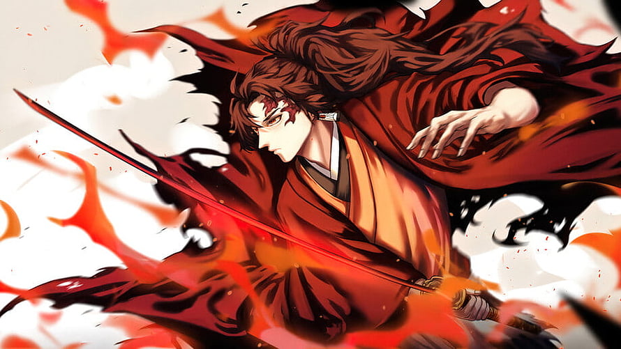Yoriichi Tsugikuni Demon Slayer Anime Warrior Wielding Sword in Red Cloak HD wallpaper