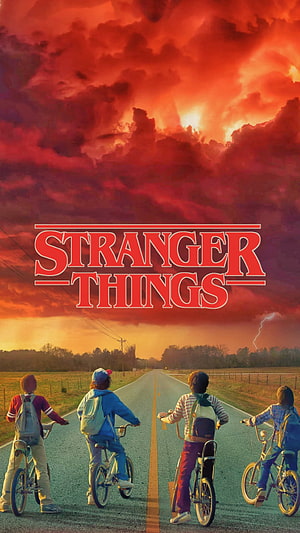 Stranger Things Season 4 Poster with Four Kids Riding Bikes on a Rural Road Under a Dramatic Red Sky HD phone wallpaper