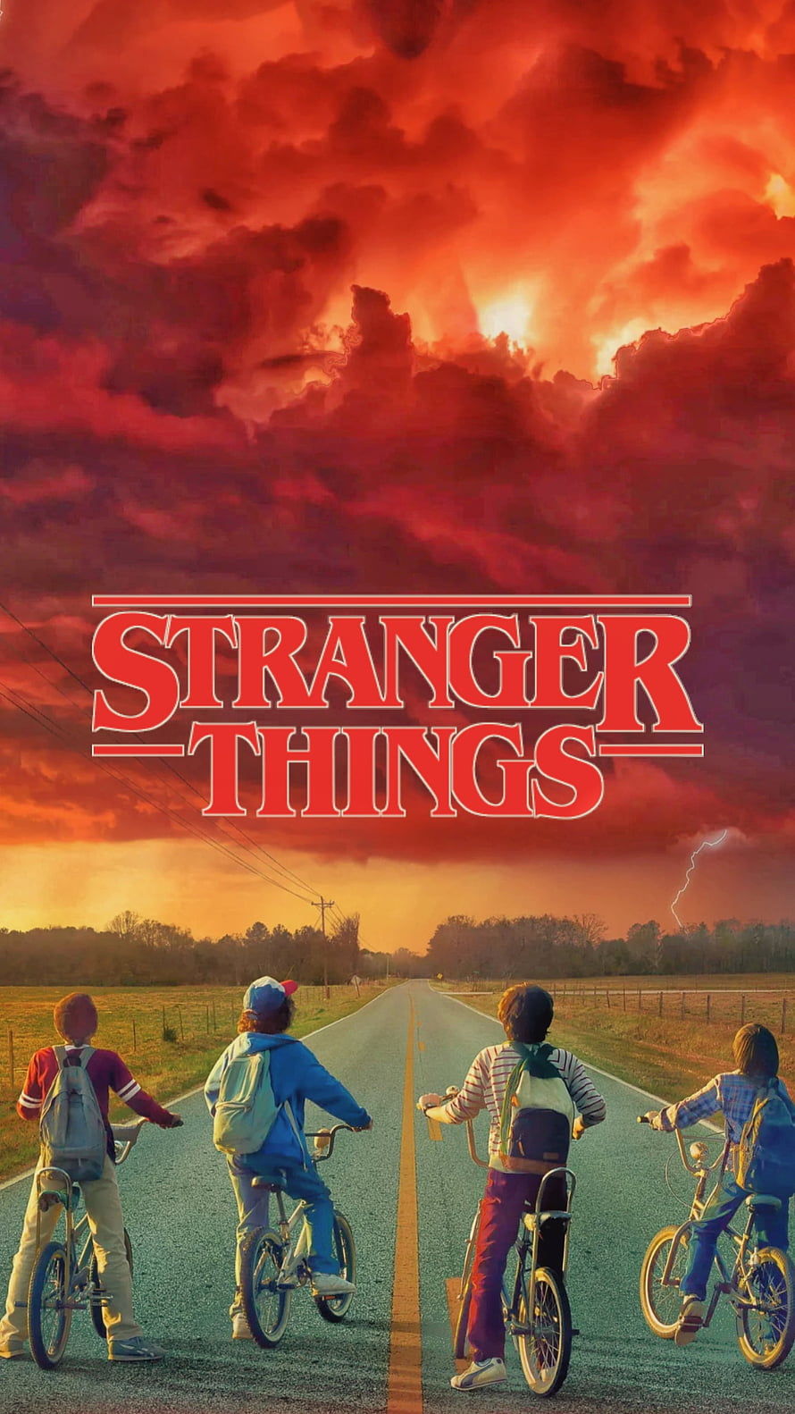 Stranger Things Season 4 Poster with Four Kids Riding Bikes on a Rural Road Under a Dramatic Red Sky HD phone wallpaper