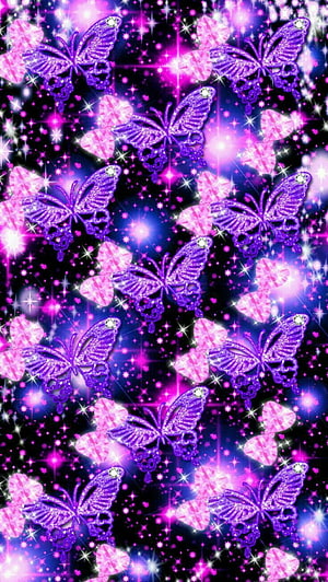 Glowing Purple and Pink Glitter Butterfly Pattern with Sparkling Starburst Background HD phone wallpaper