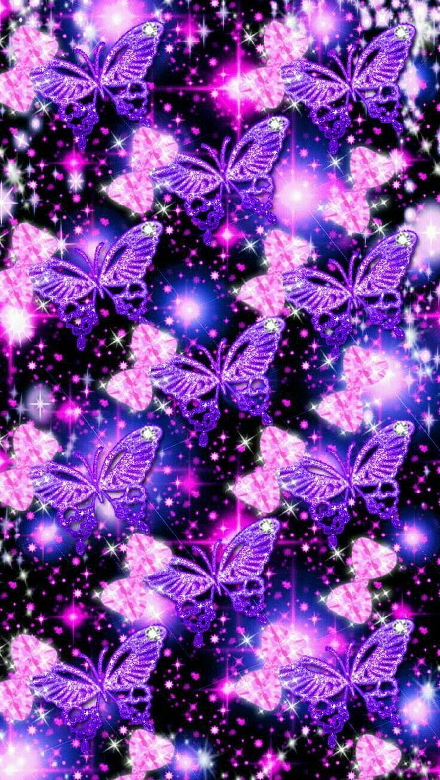 Glowing Purple and Pink Glitter Butterfly Pattern with Sparkling Starburst Background HD phone wallpaper