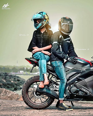 Couple on a Yamaha Motorcycle Wearing Helmets and Riding Gear HD phone wallpaper