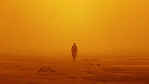 Officer K Walking Through Orange Haze in Blade Runner 2049 Cinematic Scene HD wallpaper