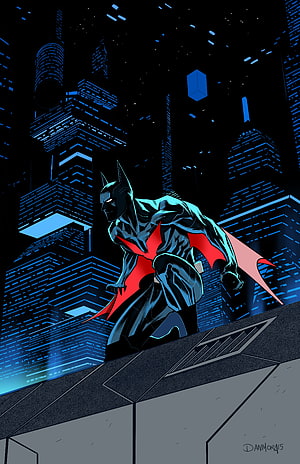 Batman Beyond Crouching on Rooftop Against Neon Blue Gotham City Skyline, Batman Beyond, future batman, dark, artwork HD phone wallpaper