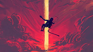 Falling Astronaut Silhouette Against Vibrant Red Cosmic Background HD wallpaper