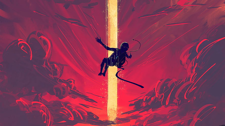Falling Astronaut Silhouette Against Vibrant Red Cosmic Background HD wallpaper