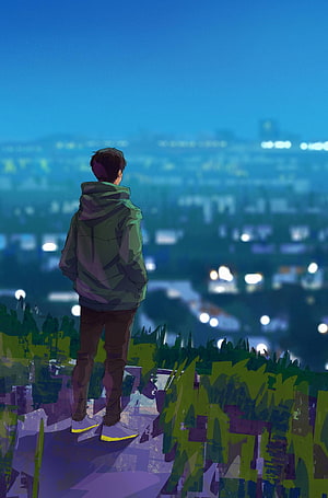 Anime Character Standing on Hilltop Overlooking City at Night HD phone wallpaper