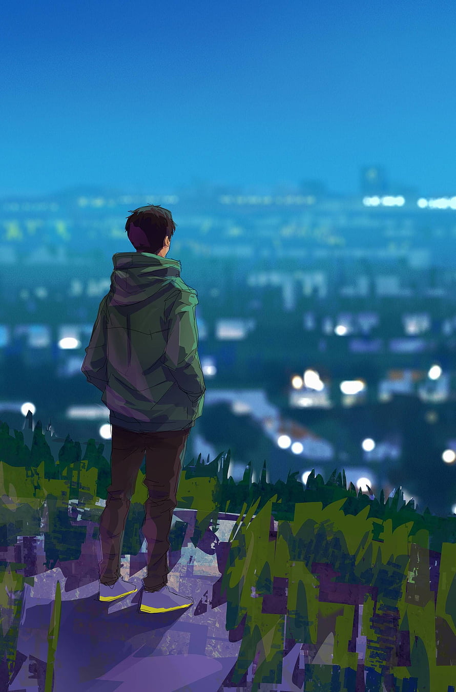 Anime Character Standing on Hilltop Overlooking City at Night HD phone wallpaper