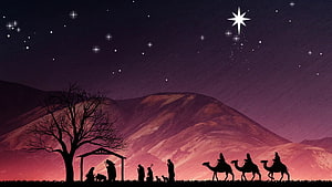 Silhouette Nativity Scene with Star of Bethlehem and Camels at Dusk HD wallpaper