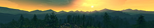 Firewatch Mountain Sunset Panorama with Pine Forest and Golden Sky HD wallpaper
