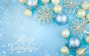 Festive Blue Christmas Greeting Card With Silver Ornaments And Snowflakes HD wallpaper
