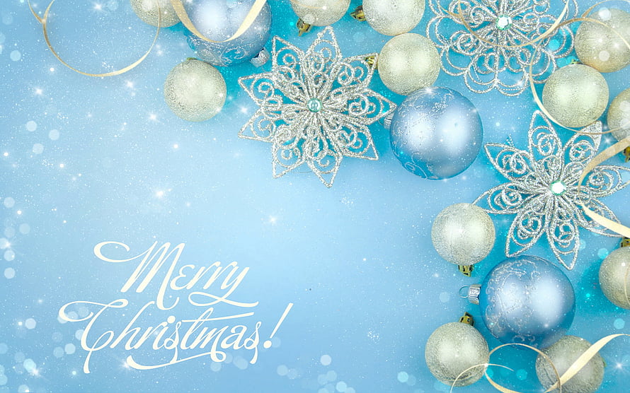 Festive Blue Christmas Greeting Card With Silver Ornaments And Snowflakes HD wallpaper