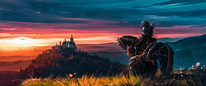 The Witcher: Knight on Horseback Gazing at a Distant Castle at Sunset HD wallpaper