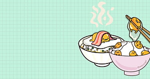 Gudetama Character Eating Rice Bowl with Fried Egg and Chopsticks on Mint Grid Background HD wallpaper