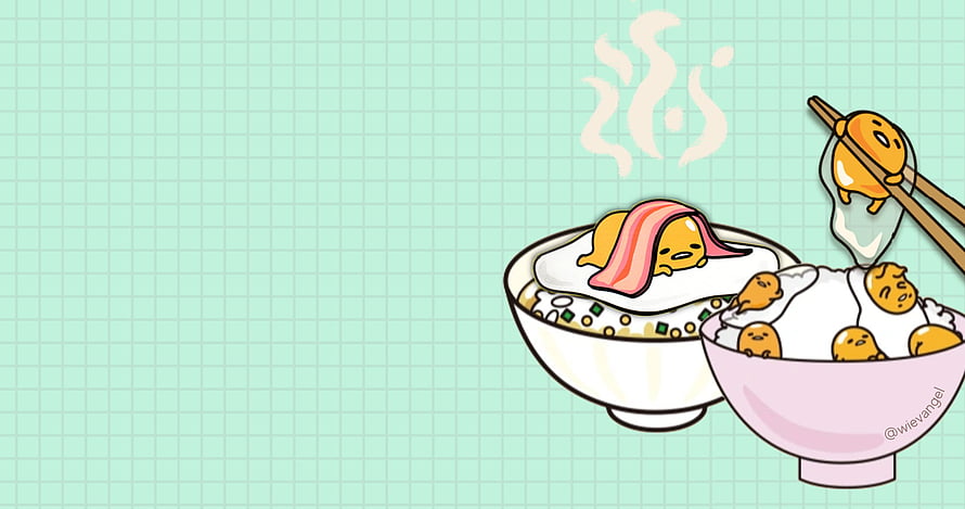 Gudetama Character Eating Rice Bowl with Fried Egg and Chopsticks on Mint Grid Background HD wallpaper