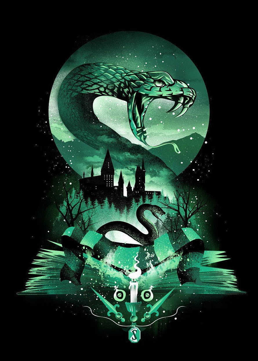 Slytherin House Crest with Coiled Snake and Hogwarts Castle in Dark Green Fantasy Art HD phone wallpaper