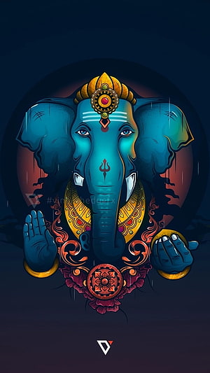 Vibrant Digital Illustration of Lord Ganesha with Ornate Gold Crown and Traditional Indian Motifs HD phone wallpaper