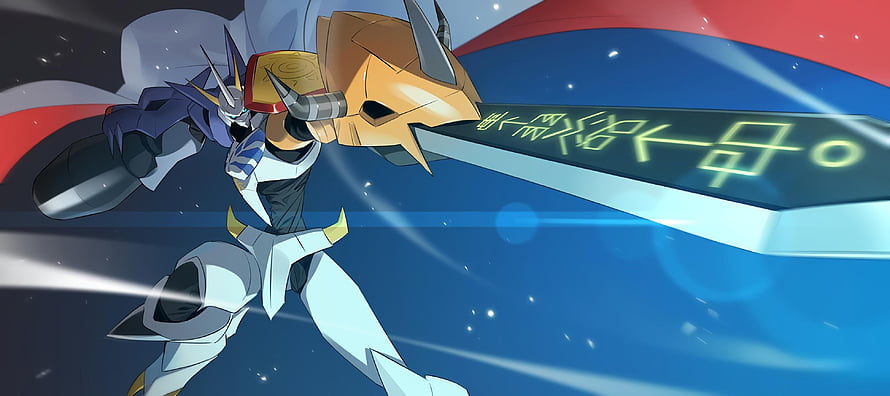 Omnimon Digimon wielding a glowing sword in a dynamic anime battle scene HD wallpaper