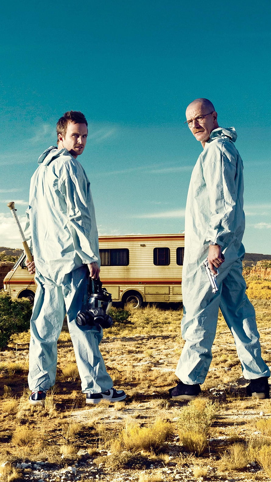 Breaking Bad promotional still featuring Walter White and Jesse Pinkman in hazmat suits near the RV HD phone wallpaper
