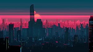 Neon Cyberpunk Cityscape at Dusk with Glitch Art Effects and Retro Sunset Skyline HD wallpaper
