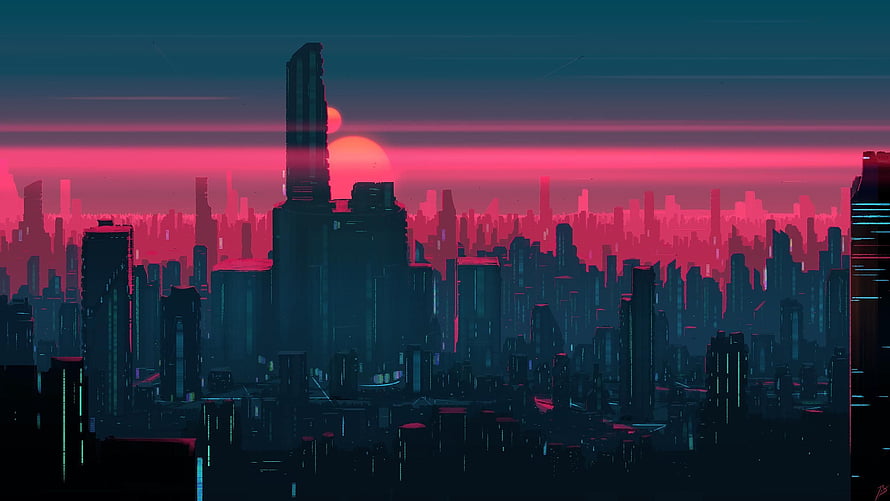 Neon Cyberpunk Cityscape at Dusk with Glitch Art Effects and Retro Sunset Skyline HD wallpaper