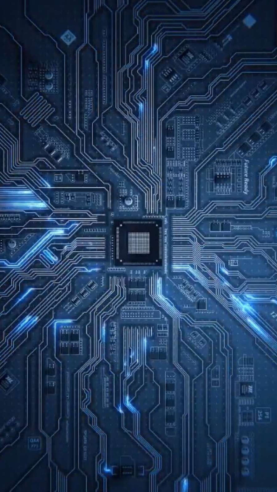 Glowing Blue Circuit Board with Central Processor and Tracing Data Lines HD phone wallpaper
