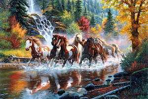 Painting of a wild horse herd galloping through a forest river with a cascading waterfall in autumn HD wallpaper