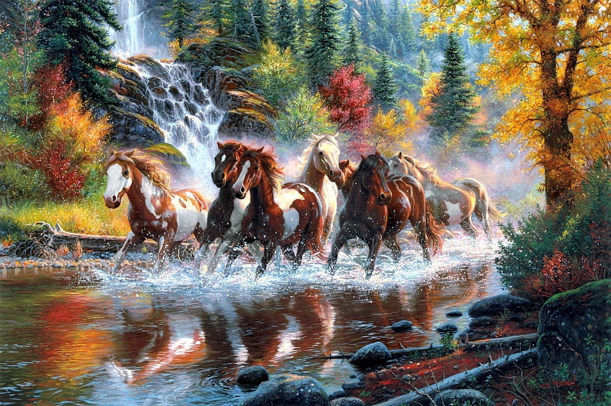 Painting of a wild horse herd galloping through a forest river with a cascading waterfall in autumn HD wallpaper