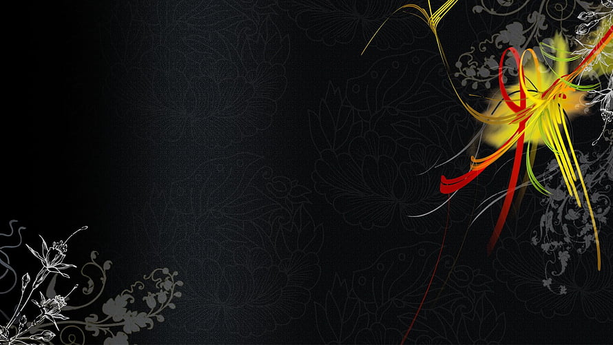 Elegant Black Floral Background with Vibrant Red and Yellow Abstract Flower Design HD wallpaper